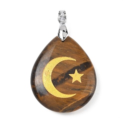 Тигровый глаз Природных тигровый глаз подвески, с реечной обшивкой латунными выводами, без кадмия и без свинца, подвеска в виде капли, луны и звезды, 31x25x5~7 мм, отверстие : 4.5x4 мм