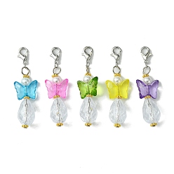 Mixed Color Butterfly Transparent Acrylic Beads Pendants, with ABS Plastic Imitation Pearl & Alloy Beads, Iron Flat Head Pins and Alloy Lobster Claw Clasps, Mixed Color, 50mm
