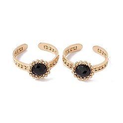 Black Agate Natural Black Agate Flower Open Cuff Ring, Real 24K Gold Plated 304 Stainless Steel Jewelry for Women, US Size 7 1/4(17.5mm)
