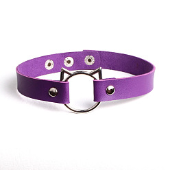 purple Cute Cat Head PU Leather Collar for Punk Fashion Street Style with Lock and Clavicle Chain Jewelry