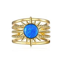 Real 18K Gold Plated Sun 925 Sterling Silver Wide Band Rings, with Synthetic Opal, Real 18K Gold Plated, US Size 6 3/4(17.1mm)