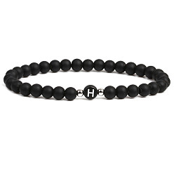 Dumb Black Stone H 6mm Matte Agate Stone Beaded Letter Bracelet for Men and Couples Jewelry