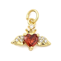 Красный Подвески в форме сердца с крыльями из латуни с микропаве из кубических цирконий, стойки покрытие, долговечный, без кадмия и без свинца, золотые, с целью перехода в кольце, красные, 12x14x3 мм, отверстие : 3.3 мм