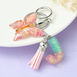 Letter J Resin & Acrylic Keychains, with Alloy Split Key Rings and Faux Suede Tassel Pendants, Letter & Butterfly, Letter J, 8.6cm
