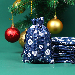 Marine Blue Christmas Theme Linenette Drawstring Bags, Rectangle with Snowflake Pattern, Marine Blue, 14x10cm