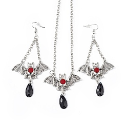 Antique Silver & Platinum Plastic Bat with Teardrop Pendant Necklace & Dangle Earrings, Halloween Theme Alloy Jewelry Set for Women, Antique Silver & Platinum, 442mm, 98mm, Pin: 0.6mm