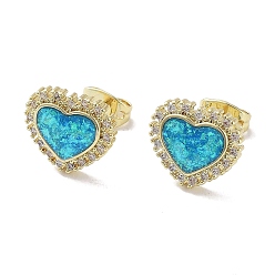 Heart Real 18K Gold Plated Brass Micro Pave Cubic Zirconia Stud Earrings, Synthetic Opal Earrings, Cadmium Free & Lead Free, Long-Lasting Plated, Heart, 10.5x12mm