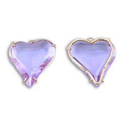 Lilac Transparent K9 Glass Pendants, with Light Gold Plated Brass Findings, Cadmium Free & Lead Free, Faceted, Heart, Lilac, 26.5x26.5x7.5mm, Hole: 1.2mm