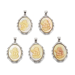 Платина Подвески-ангелы из натуральной желтой ракушки, латунные овальные подвески, платина, 27x19.5x2.5~3.5 мм, отверстие : 4x3.5 мм