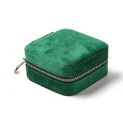 Green Square Velvet Jewelry Zipper Boxes, Portable Travel Jewelry Storage Case with Alloy Zipper, for Earrings, Rings, Necklaces, Bracelets Storage, Green, 10x9.5x4.7cm