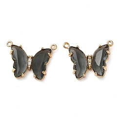 Gray Brass Pave Faceted Glass Connector Charms, Golden Tone Butterfly Links, Gray, 17.5x23x5mm, Hole: 0.9mm