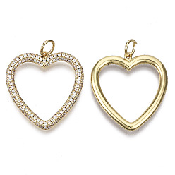 Real 16K Gold Plated Brass Micro Pave Cubic Zirconia Pendants, with Jump Ring, Heart, Nickel Free, Real 16K Gold Plated, Clear,  31x29x3mm, Hole: 5mm