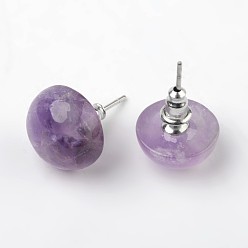 Amethyst Half Round Dome Natural Amethyst Stud Earrings, with Platinum Plated Brass Findings, 18mm, Pin: 0.8mm
