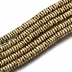 Real 18K Gold Plated Electroplate Non-magnetic Synthetic Hematite Beads Strands, Flat Round/Disc, Heishi Beads, Real 18K Gold Plated, 4x1.5mm, Hole: 1mm, about 300pcs/strand, 15.94 inch(40.5cm)