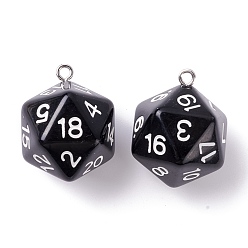 Black Opaque Acrylic Pendants, with Platinum Plated Iron Findings, Faceted, Polyhedral Dice, D20, Black, 27.5x20x20mm, Hole: 2mm