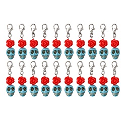 Темно-бирюзовый Подвеска в виде черепа из искусственной бирюзы и смоляной розы, Сплав с застежками когтя омара, темные бирюзовый, 40 мм