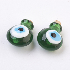 Green Handmade Lampwork Perfume Bottle Pendants, Essential Oil Bottle, Evil Eye, Green, 29.5~30mm, Hole: 5~5.5mm, Bottle Capacity: 0.5~1ml(0.017~0.03 fl. oz)