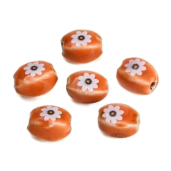 Orange Perles de porcelaine à la main imprimés, ovale avec des fleurs, orange, 13~13.5x9x8.5~9mm, Trou: 2.5mm