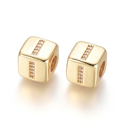 Letter I Brass Micro Pave Cubic Zirconia European Beads, Horizontal Hole, Large Hole Beads, Long-Lasting Plated, Cube with Letter, Golden, Clear, Letter.I, 9x9x9.5mm, Hole: 4.5mm