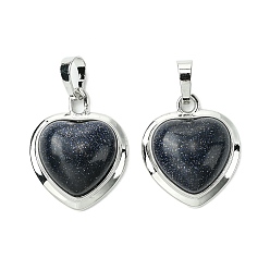 Синий Драгоценный Камень Синтетический синий авантюрин подвески, подвески-сердечки со стойкой, фурнитура из латуни с платиновым покрытием, без кадмия и без свинца, без кадмия и без свинца, 23x19.5x8~9 мм, отверстие : 7x5 мм