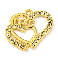 Crystal Ion Plating(IP) Real 18K Gold Plated 304 Stainless Steel Rhinestone Pendants, Heart with Word Mom Charms, for Mother's Day, Crystal, 19x22x2mm, Hole: 1.6mm