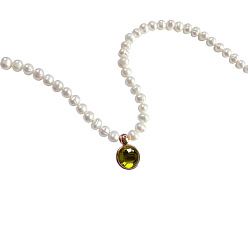 Цвет Оливы Стеклянные плоские круглые ожерелья с подвесками в стиле камня, с цепочками из бисера с имитацией жемчуга, оливковый, 15.75 дюйм (40 см)