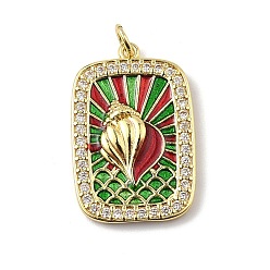 Другие Подвески из латуни микропаве с фианитами и эмалью, прямоугольные, стойки покрытие, долговечный, без свинца и без кадмия, реальный 18 k позолоченный, с целью перехода в кольце, раковина, 26.5x17.5x2 мм, отверстие : 3.2 мм