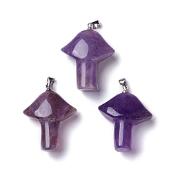 Amethyst Natural Amethyst Pendants, with Platinum Tone Brass Snap on Bails, Mushroom Charms, 27~28.5x22~23x9.5~10.5mm, Hole: 5x4mm