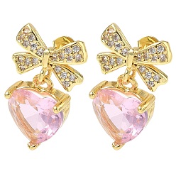 Pink Pendientes colgantes de latón con micro circonitas cúbicas para mujer, bowknot y corazón, con vidrio, larga duración plateado, chapado en rack, sin plomo y el cadmio, dorado, rosa, 22.5x13 mm