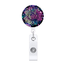 Black ABS Plastic Retractable Badge Reels, Card Holders, with Platinum Clips, ID Badge Holder for Nurses, Flat Round with Mandala Pattern, Black, 85mm