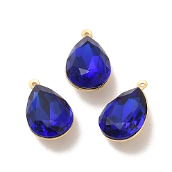 Dark Blue Real 18K Gold Plated Brass with Glass Pendants, Faceted Teardrop Charms, Lead Free & Cadmium Free, Dark Blue, 22x13x9mm, Hole: 1mm