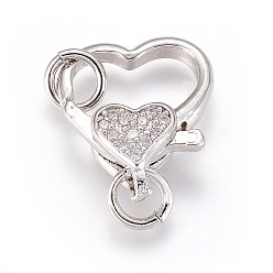 Real Platinum Plated Brass Micro Pave Cubic Zirconia Lobster Claw Clasps, Heart, Clear, Real Platinum Plated, 15x12.5x4.5mm, Hole: 3mm, Ring: 5x0.9mm