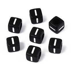 Letter I Начальные акриловые бусины с горизонтальной дырочкой, кубические, чёрные, Буква "i", 6x6x6 мм, отверстие : 3.5 мм, 3330 шт / 500 г