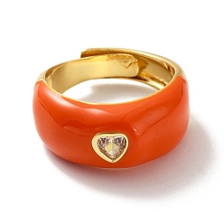Оранжево-Красный Регулируемое кольцо в форме сердца из прозрачного кубического циркония, кольцо-солитер с эмалью, массивное женское кольцо из латуни с покрытием из настоящего золота 18k, без кадмия и без свинца, оранжево-красный, размер США 7 3/4 (17.9 мм)