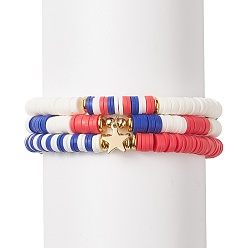 Mixed Color 3Pcs 3 Style Independence Day Polymer Clay Heishi Surfer Stretch Bracelets Set, 304 Stainless Steel Star Charms Preppy Bracelets for Women, Mixed Color, Inner Diameter: 2-3/8 inch(6cm), 1Pc/style