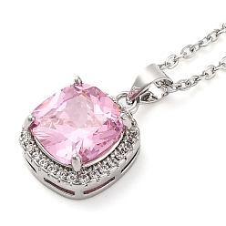 Бледно-Розовый Квадратные латунные подвески с кубическим цирконием для женщин, 304 из нержавеющей стали кабель цепи ожерелья, цвет нержавеющей стали, розовый жемчуг, 17.72 дюйм (45 см)