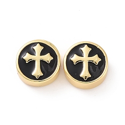Black Brass Enamel Beads, Cadmium Free & Lead Free, Long-Lasting Plated, Flat Round with Cross, Real 18K Gold Plated, Black, 12x5.5mm, Hole: 2.5mm