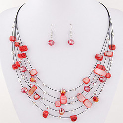 Red Exaggerated Crystal Turquoise Shell Multi-layer Necklace Earring Set for Women