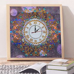 Flower DIY Clock Diamond Painting Kits, Including Canvas, Resin Rhinestones, Diamond Sticky Pen, Tray Plate and Glue Clay, Flower Pattern, 350x350mm
