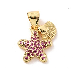 Camellia Brass Micro Pave Cubic Zirconia Charms, Starfish with Shell Shape Charm, Real 18K Gold Plated, Camellia, 13.5x13x2.5mm, Hole: 3x4mm