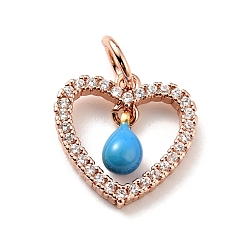 Deep Sky Blue Rack Plating Brass Micro Pave Cubic Zirconia Pendants, with Enamel and Jump Ring, Long-Lasting Plated, Rose Gold, Heart, Cadmium Free & Nickel Free & Lead Free, Deep Sky Blue, 12.5x12x1.5~3mm, Jump Ring: 5x0.7mm, Hole: 3.4mm