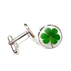 White Saint Patrick's Day Glass Cufflinks for Men, with Brass Finding, Half Round with Clover, White, 16mm