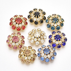 Mixed Color Golden Plated Brass Shank Buttons, with Rhinestone, 1-Hole, Flower, Mixed Color, 22x22x9mm, Hole: 1.2mm