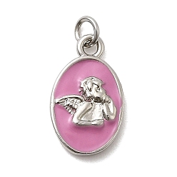 Бледно-Розовый Латунь эмаль подвески, овальные с ангелом, стойки покрытие, долговечный, без кадмия и без свинца, платина, с целью перехода в кольце, розовый жемчуг, 15.5x9.5x2.5 мм, отверстие : 3 мм