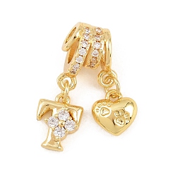 Letter T Латунные микропаве прозрачные подвески с фианитом, сердце прелести, долговечный, стойки покрытие, без кадмия и без свинца, реальный 18 k позолоченный, Письмо T, 23.5 мм, отверстия : 3 mm и 4 мм, Сердце: 8.5x8x3.5 mm, Письмо: 10x8x3.5 мм