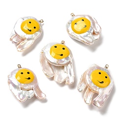 Seashell Color Baroque Style Natural Keshi Pearl Pendants with Enamel, Smiling Face Print Nuggets Charms with Golden Tone Brass Pendant Bails, Seashell Color, 31~38x21~25x8~11mm, Hole: 1.2mm