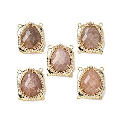 Солнечный Камень Латунные многорядные звенья с микропаве из кубического циркония и натуральным солнечным камнем, слеза, граненые, стойки покрытие, 22.5~23x18x7 мм, отверстие : 1.4 мм