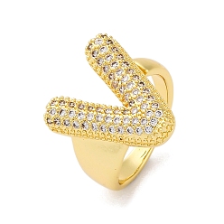 Letter V Кольца-манжеты для пальцев с покрытием из латуни с микропаве из прозрачного кубического циркония для женщин, долговечный, реальный 18 k позолоченный, Письмо ~ Z, Буква V, 18.5x12.5 мм, внутренний диаметр: 17.5 мм