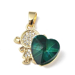 Dark Green Real 18K Gold Plated Rack Plating Brass Micro Pave Clear Cubic Zirconia Pendants, with Glass, Long-Lasting Plated, Cadmium Free & Lead Free, Girl with Heart Charm, Dark Green, 20.8x17x8mm, Hole: 6x3mm