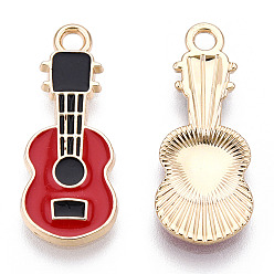Red Eco-Friendly Zinc Alloy Pendants, with Enamel, Cadmium Free & Nickel Free & Lead Free, Guitar Shape, Light Gold, Red, 23x9x2mm, Hole: 2mm